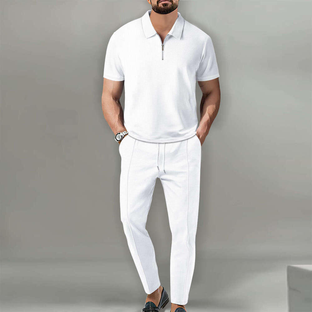Autumn European and American Men's Solid Color Waffle Collar Short Sleeve Zipper Pants Set 2025 New Casual Fashion Trendy Clothing