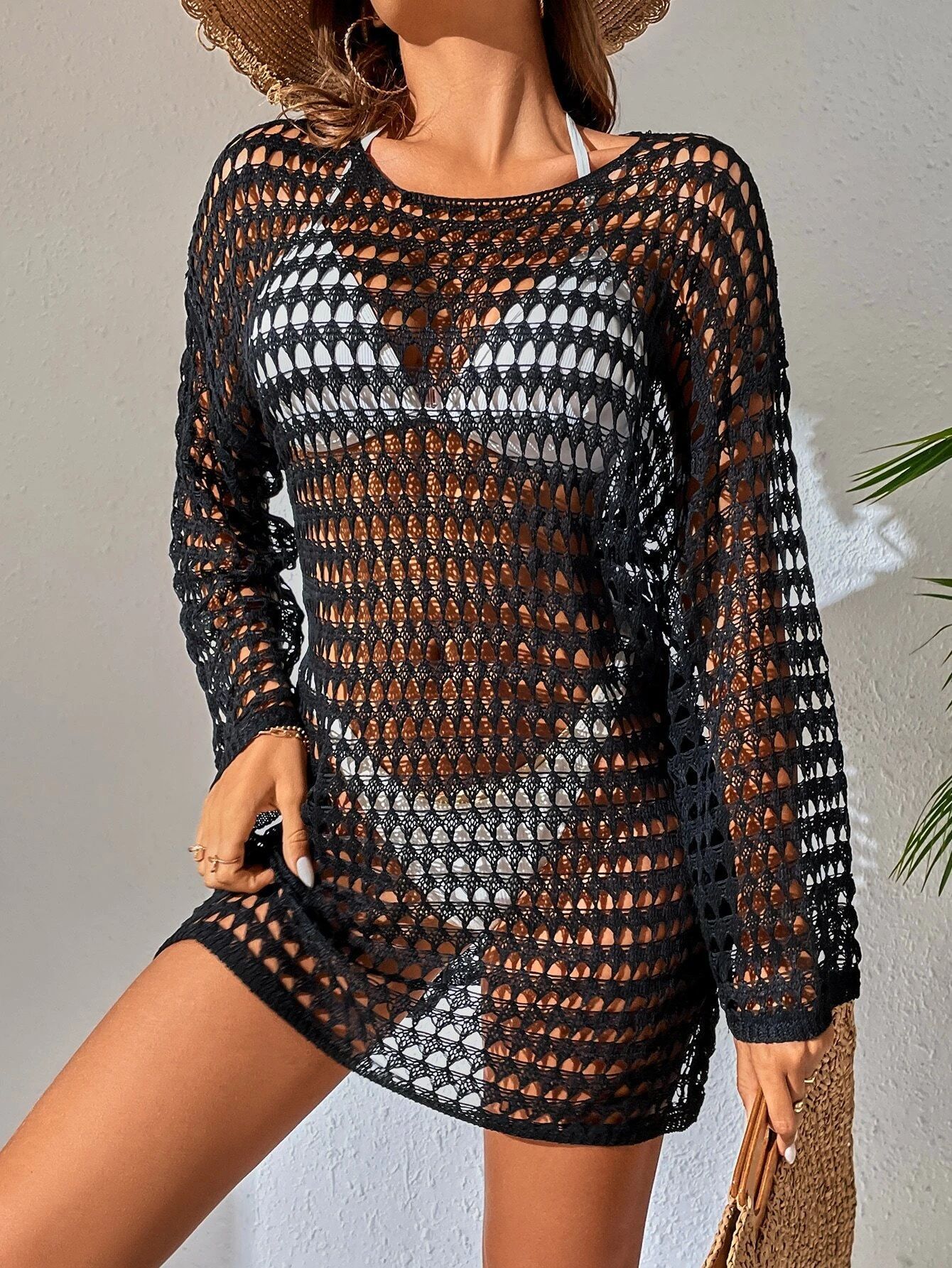 2025 New Bikini Mesh Hollow Knitted Shirt Swimsuit Beach Summer Womens Dress