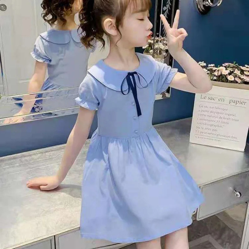 2025 teenager Summer Kids girls bow Fold Dresses Formal Princess Children braces maid skirt party 4 8 9 5 6 10 12 13 Years 250408