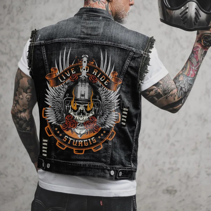 Mens fashion motorcycle vest with Spring and Autumn skull print Distressed Hole sleeveless punk denim jacket black streetwear 250407