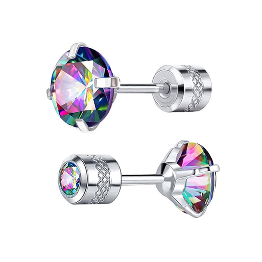 316L Stainless Steel AB Colorful Zircon Diamond Stud Earrings Men Women Not Fade Ear Jewelry Hypoallergenic Tiny CZ Zirconia Screw Back Earring Tragus