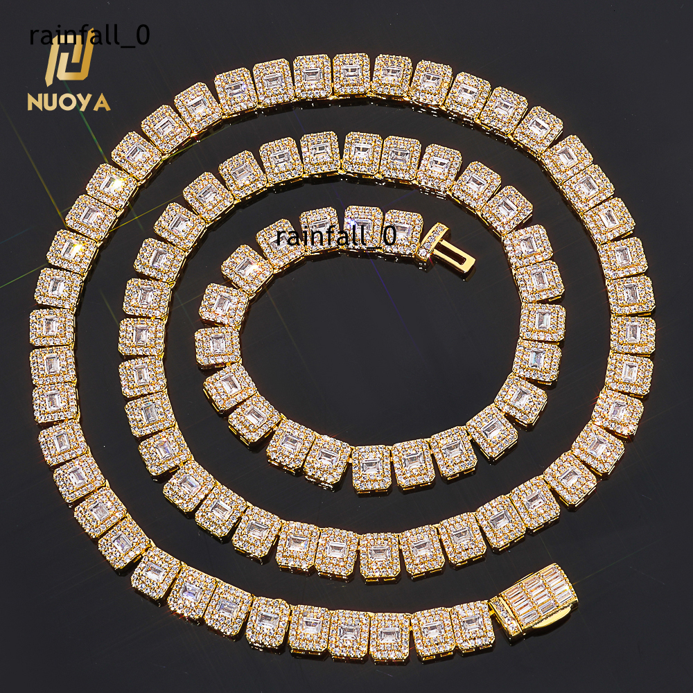 NUOYA Women Hip Hop Fine Jewelry Iced Out Tennis Chain Mixed Baguette Round Cut Moissanite Gold Plated Necklace