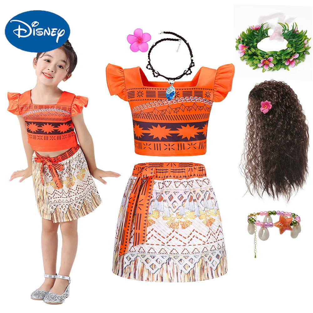 Disney 2PCS Full Printing Moana Dress for Kids Girl Casual Dresses 2-10Y Toddler Cosplay Clothing Set with Necklace Flying Sleeve X250408