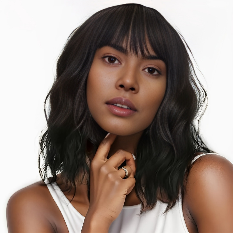 Short Brown Highlight Wigs With Bangs Natural Wavy Hair Wigs For White Women Heat Resistant Synthetic Bob Wig Shoulder Length 240805