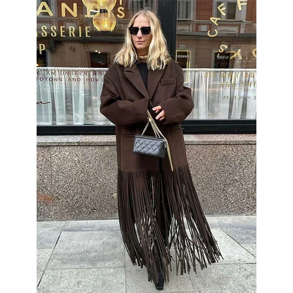 Fashion Woolen Tassels Long Coats For Women Turn-Down Collar Single Breasted Pockets Jacket Female Elegant Solid Lady Overcoats