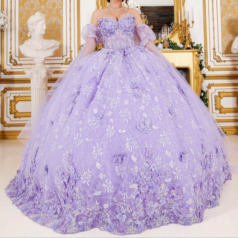 Lavender Quinceanera Dresses Off Shoulder Ball Gown Sweet 16 Dress Sequin Applique Flower Beads Bow Tull Birthday Party Vestidos 15 De Anos
