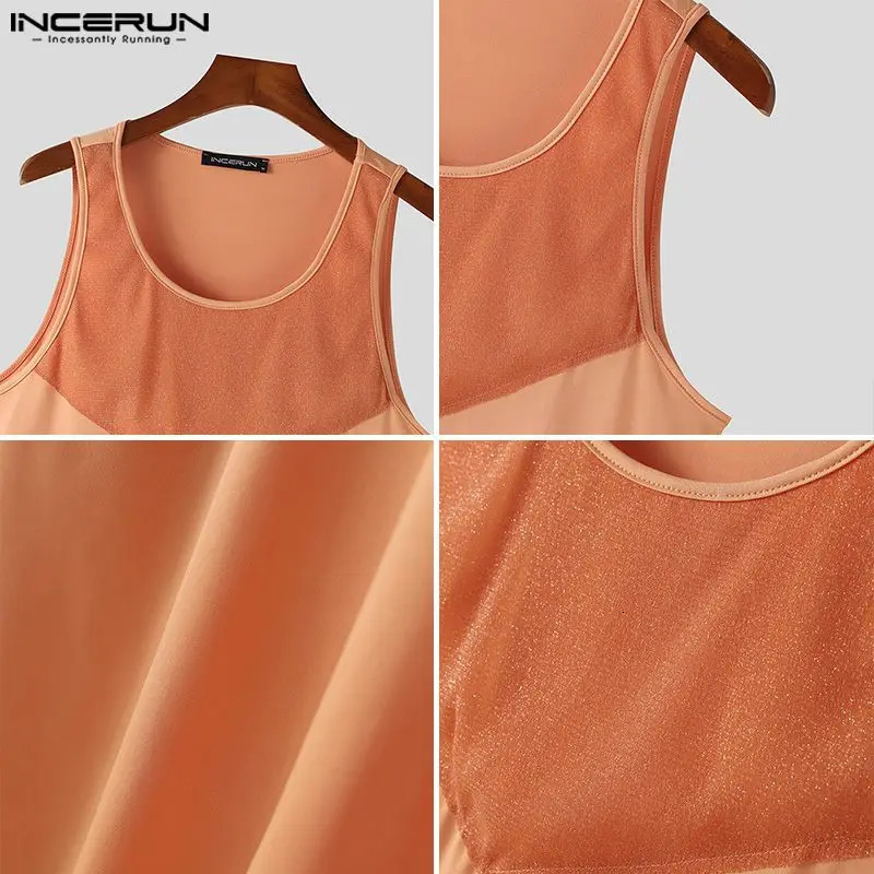 Fashion slim fit top INCERUN mens sparkling fabric mesh patchwork vest casual sports mens sleeveless vest S-5XL 250402