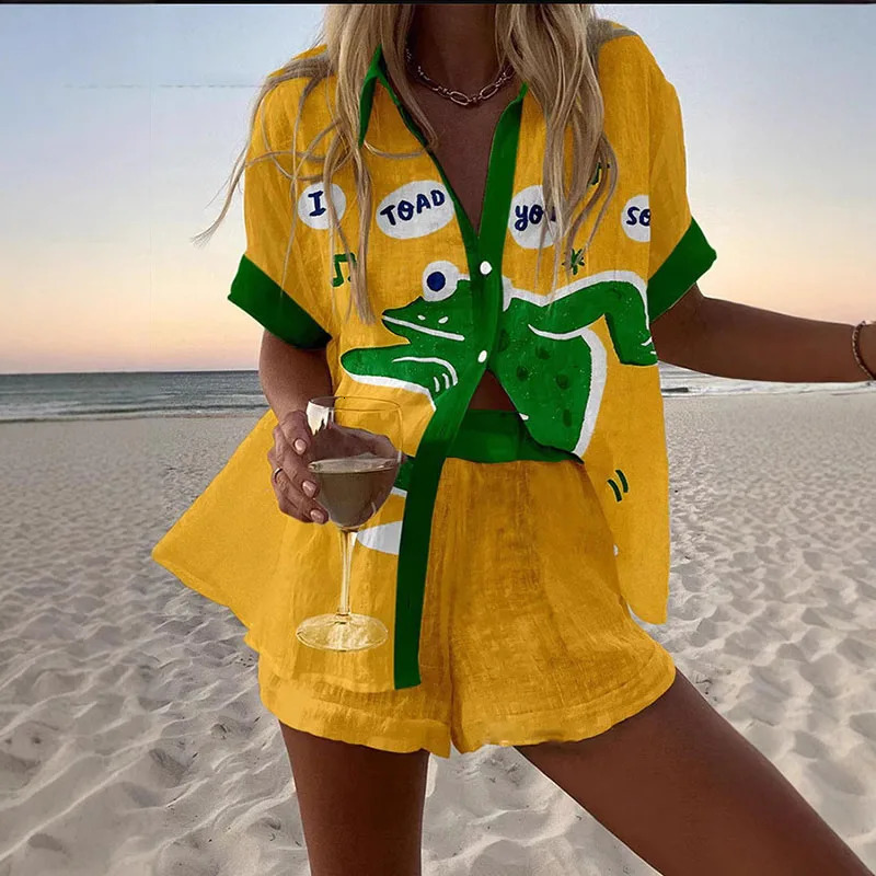 Summer Beach suit Women fashion lapel short sleeve shirt and elastic waist short two piece set Female vocation style print set 250407