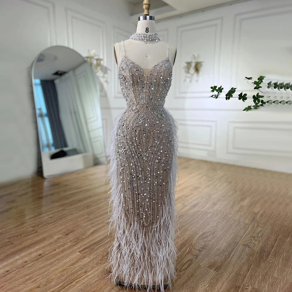 White nude mermaid spaghetti strap beaded feather evening dress dance dress womens wedding party LA72047 customization 250402