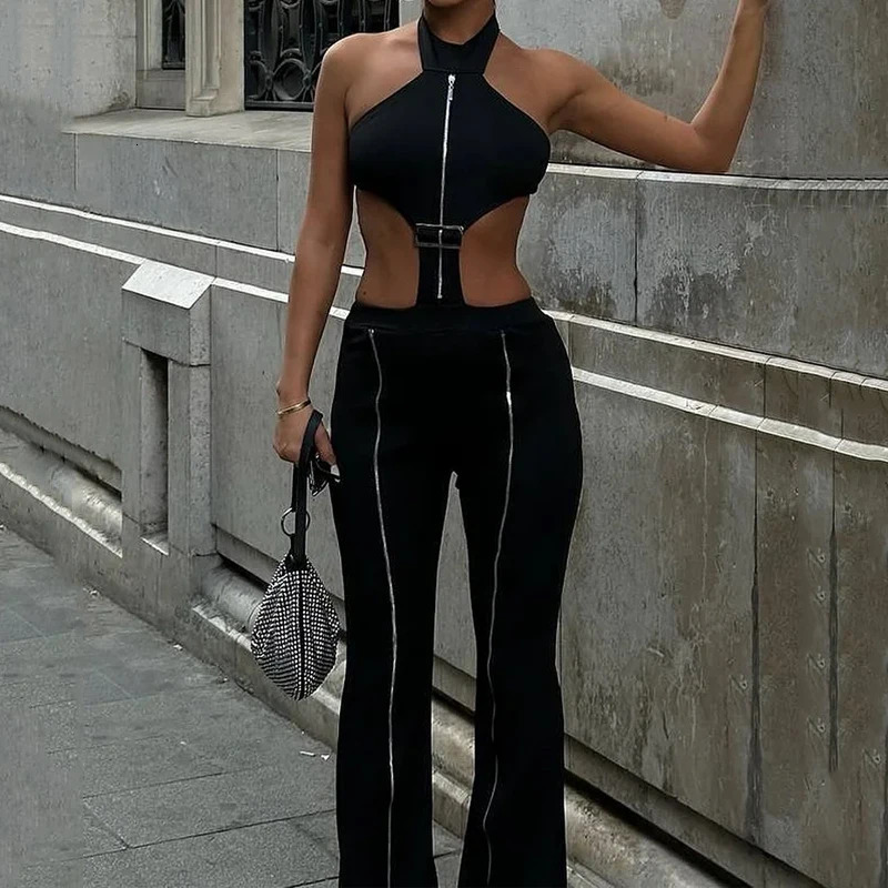 Wefads Jumpsuit Women Fashion Sexy Solid Sleeveless Halter Neck Backless Lace Up Nipped Waist Hollow Out Romper Streetwear 250407