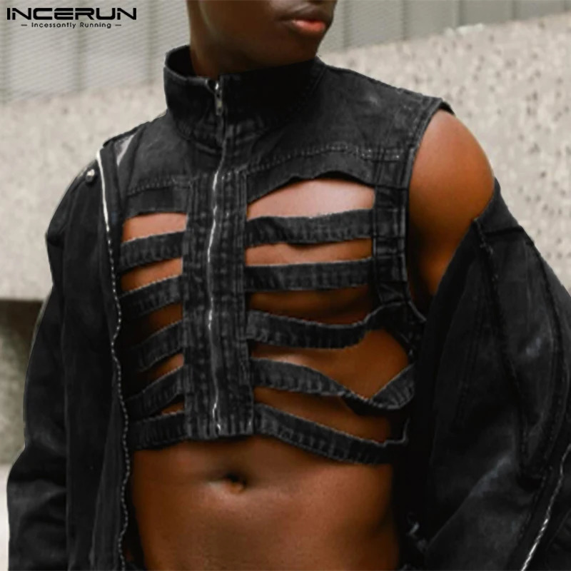 Mens Tank Top Hollow External Zipper Bracket Collar Sleeveless Mens Tank Top Solid Street Clothing Fashion Casual Mens Clothing INCERUN 250403