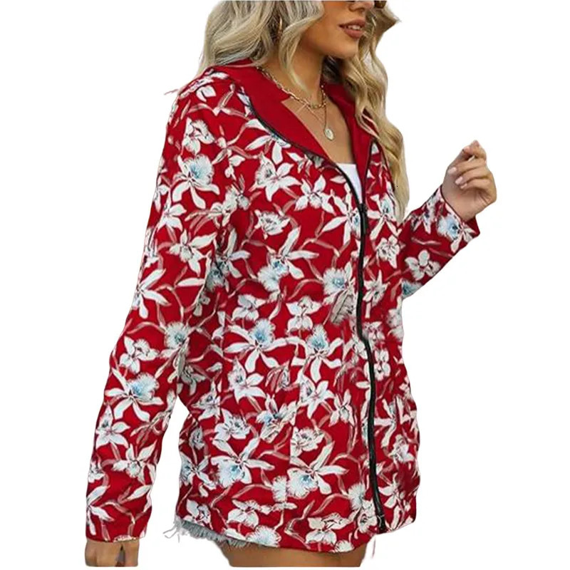 Womens autumn hooded jacket reversible printed casual with pockets multicolor streetwear S2XL matching clothing 250407