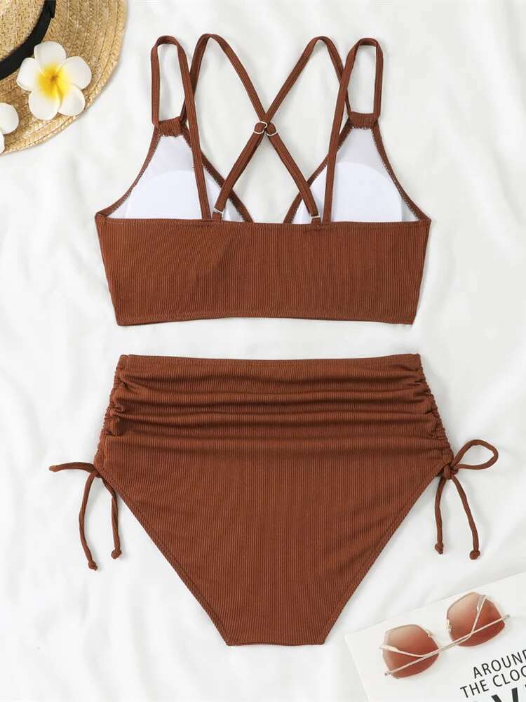 Dongdumaoyi Women S Two Piece Swimsuit Black Double Strap Push Up Pleate Drawstring Side High Waist Bikini Beach Bathing Suit Swimwear