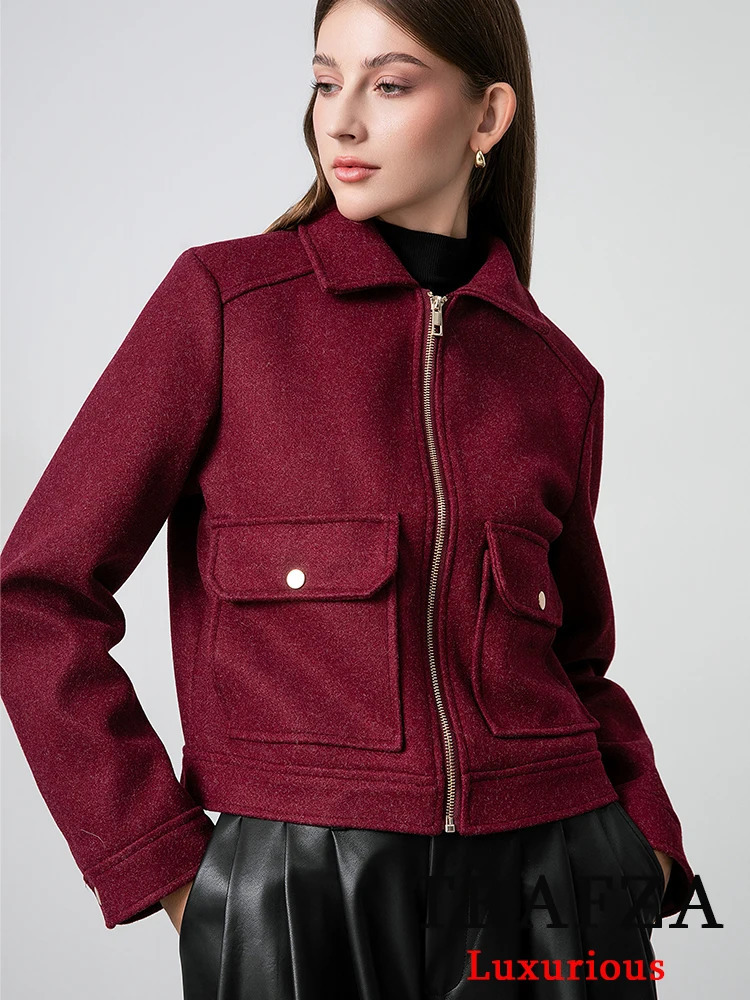 TRAFZA Red Bordeaux Loose Jakcets Womens Zipper Pocket Short Coat Fashion Spring Elegant Bomer Jacket 250407