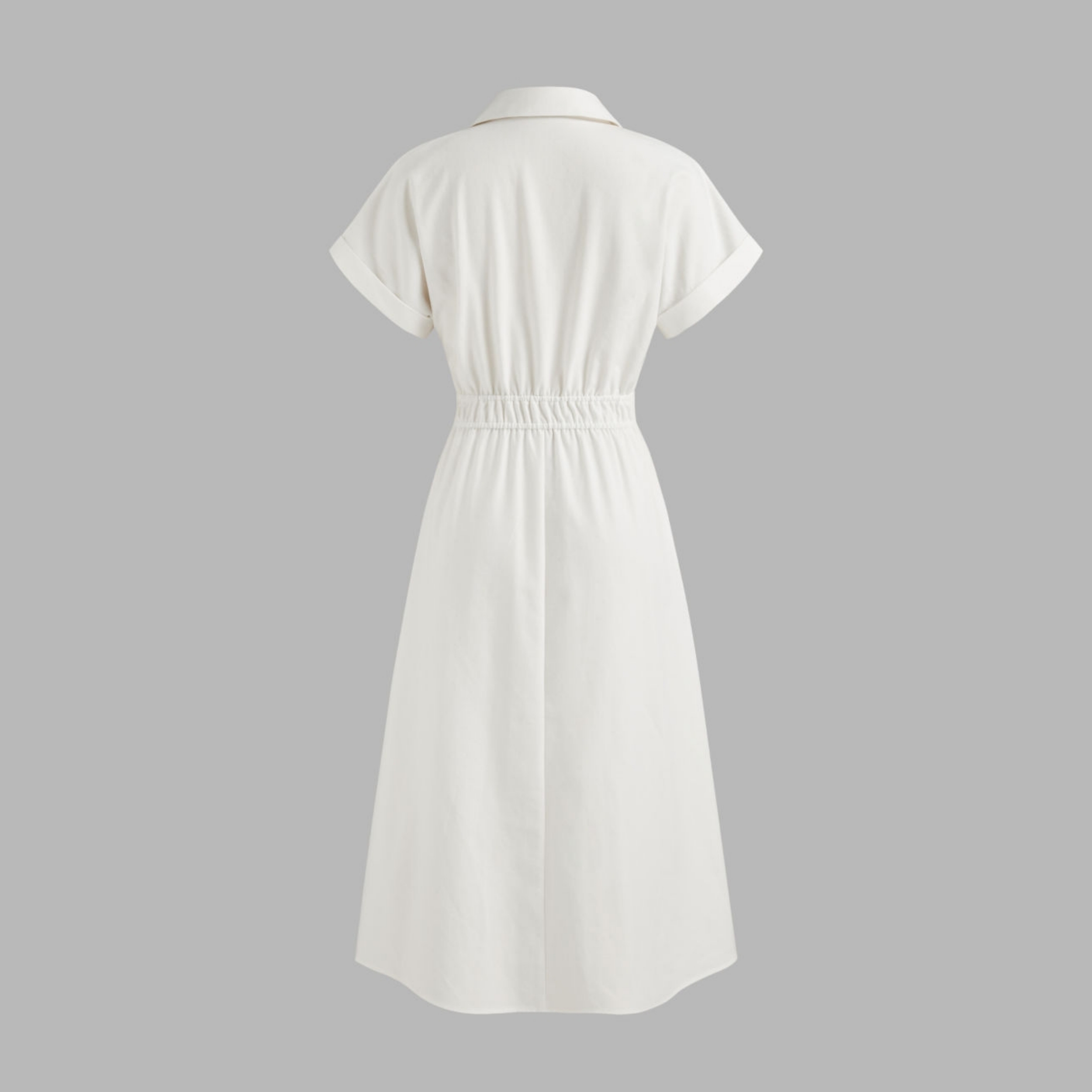 Women's White Button Midi Shirt Dress Linen-blend Collar Solid Shirred Work Dress