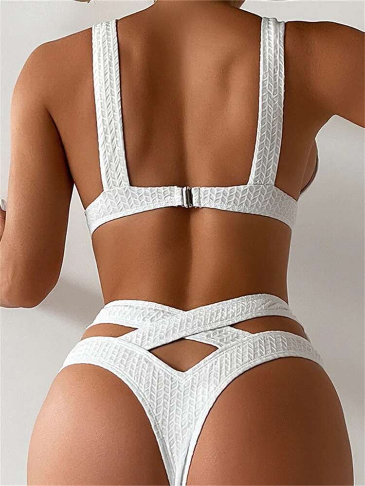 Dongdumaoyi Sexy Hollow Out High Waist Bikini Women Solid White V Neck Push Up Two Piece Swimsuit Beach Bathing Suit Backless Swimwear