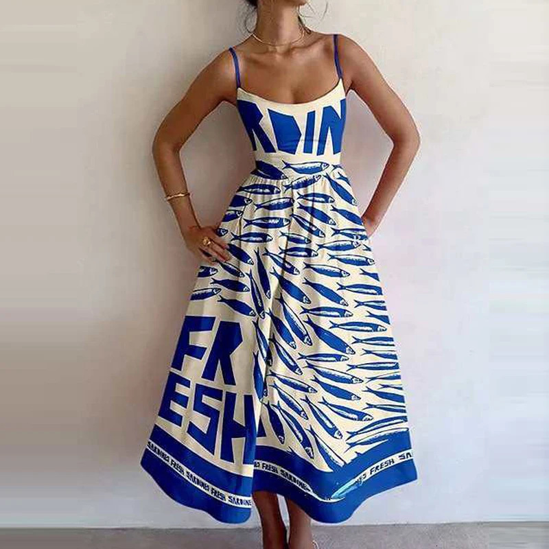 Summer Ethnic Style Women Dresses Casual Strap Off Shoulder Holiday Dress All Match Printed Tie-up Loose Pocket Maxi Dress 250407