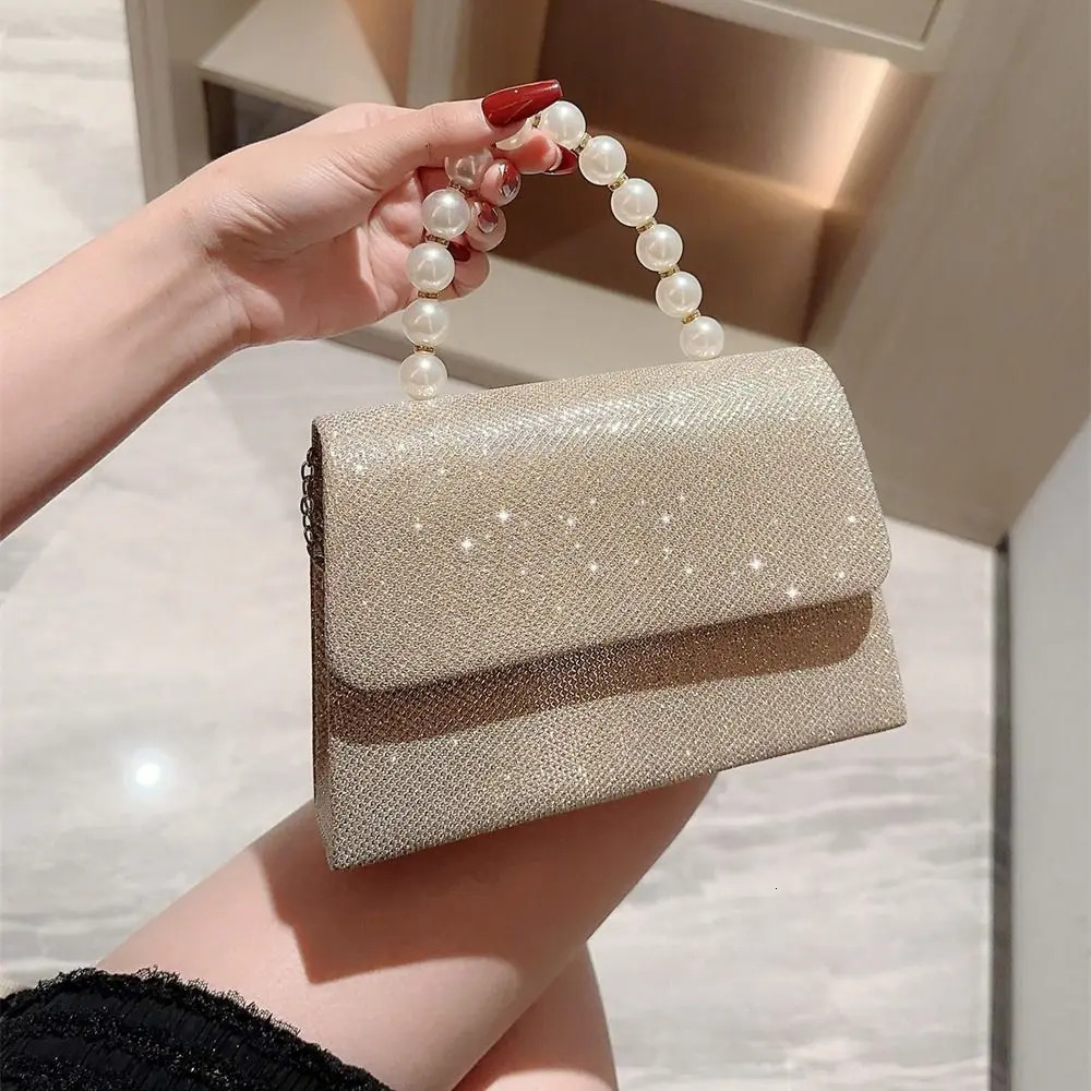 Pearl chain shoulder bag wallet gold shiny silk evening bag womens elegant and fashionable spherical clutch womens handbag 250402