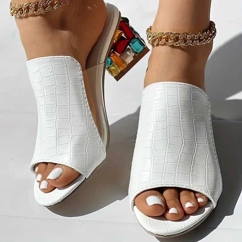 Womens Crystal Sandals 2024 Spring/Summer Open Toe Sandals Square High Heels Beach Fi Sandals Womens Sandals De MujerXJ250407