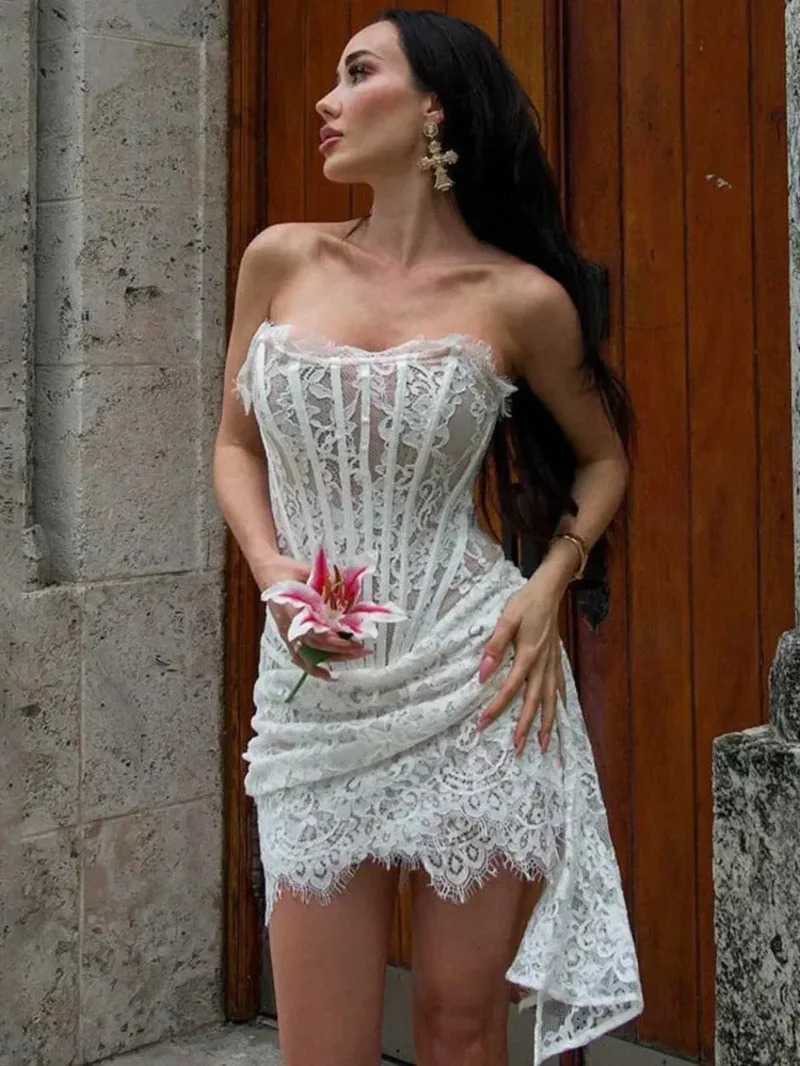 Womens Sexy Lace Dress Solid Color Sheer Patchwork High Waist Lace Dress Elegant Printed Strapless Slim Evening Dress M887 251028