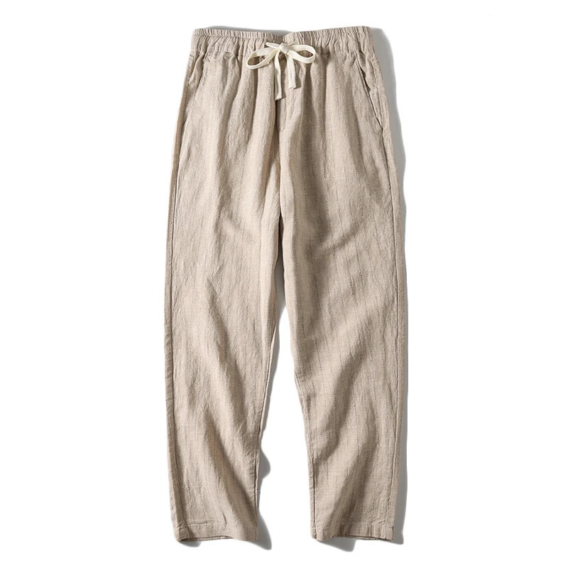 Cotton and Linen Comfortable Mens Fashion Trend Summer Pure Straight Stripe Thin Breathable Solid Color Loose Casual Pants 250408