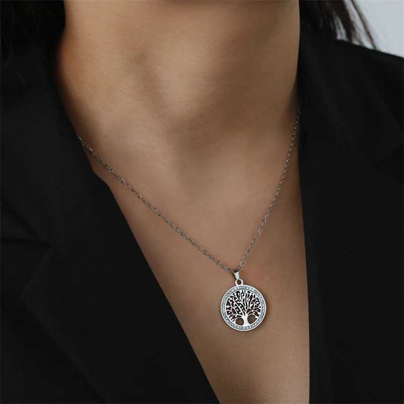 Trendy Stainless Steel Rhinestone Tree of Life Pendant Necklace For Women Charm Summer Clavicle Chain Jewelry Colgantes CadenaC250407