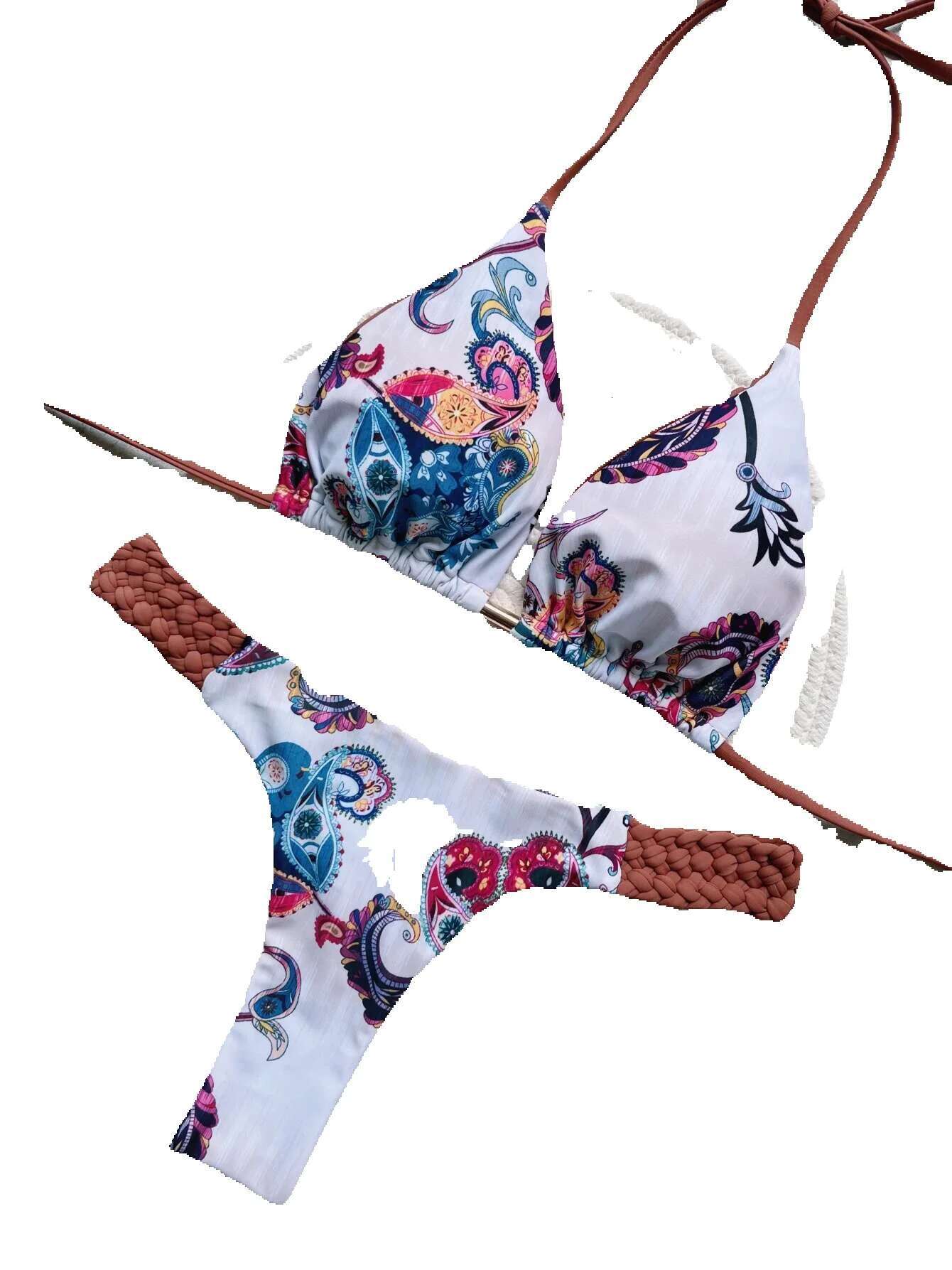 Ruotonsept printed suspender mini thong high waisted women's two-piece set bikini swimsuit