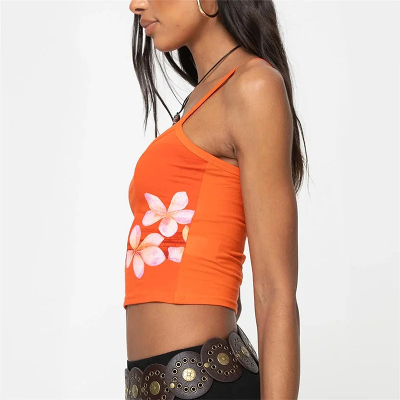 Orange Y2k Floral Cami Tank Top Women Sexy Spaghetti Strap Flower Crop Top Slim Fit Scoop Neck Going Out Vest Streetwear 250407