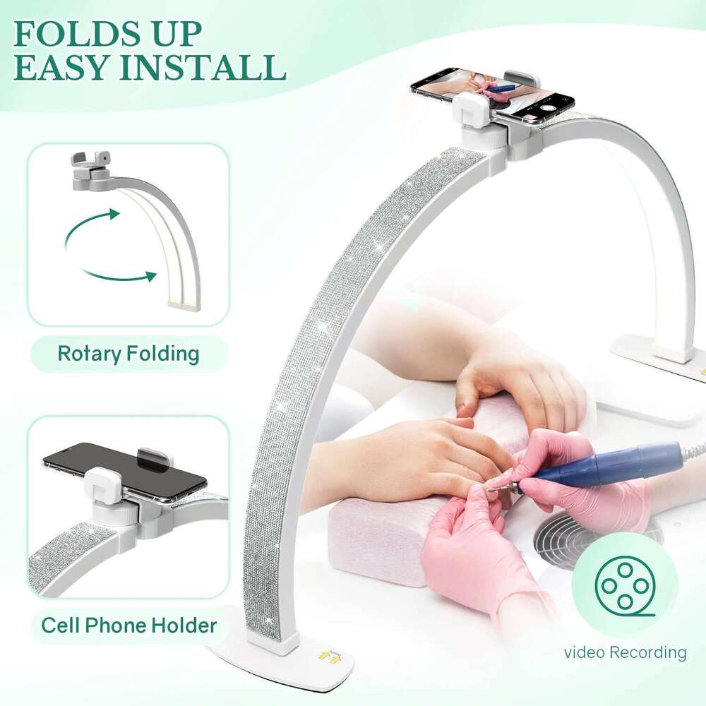 Upgraded Phone Holder Foldable Half Moon Light for Desk, Nail Table Lamp with Stepless Dimming