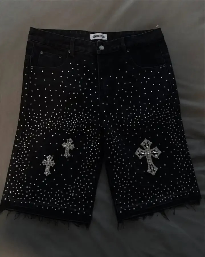 Mens black Distressed denim with short rhinestone details worn hem casual streetwear summer fashion comfortable fashion daily wear 250402
