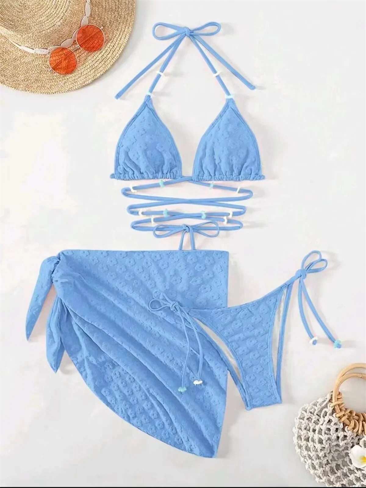 Dongdumaoyi Mesh Skirt Pleated Bikini Set Women Blue White Floral Designer Criss Cross Swimsuit Piece Bathing Suit Cover Up Swimwear