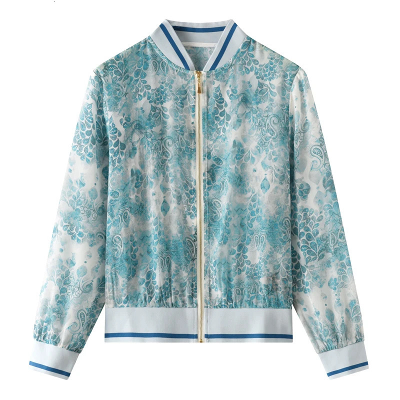 100% Raspberry Silk Womens Jacket Round Neck Thin Style Open Hemp Print Sunscreen SpringSummer Collection 250407