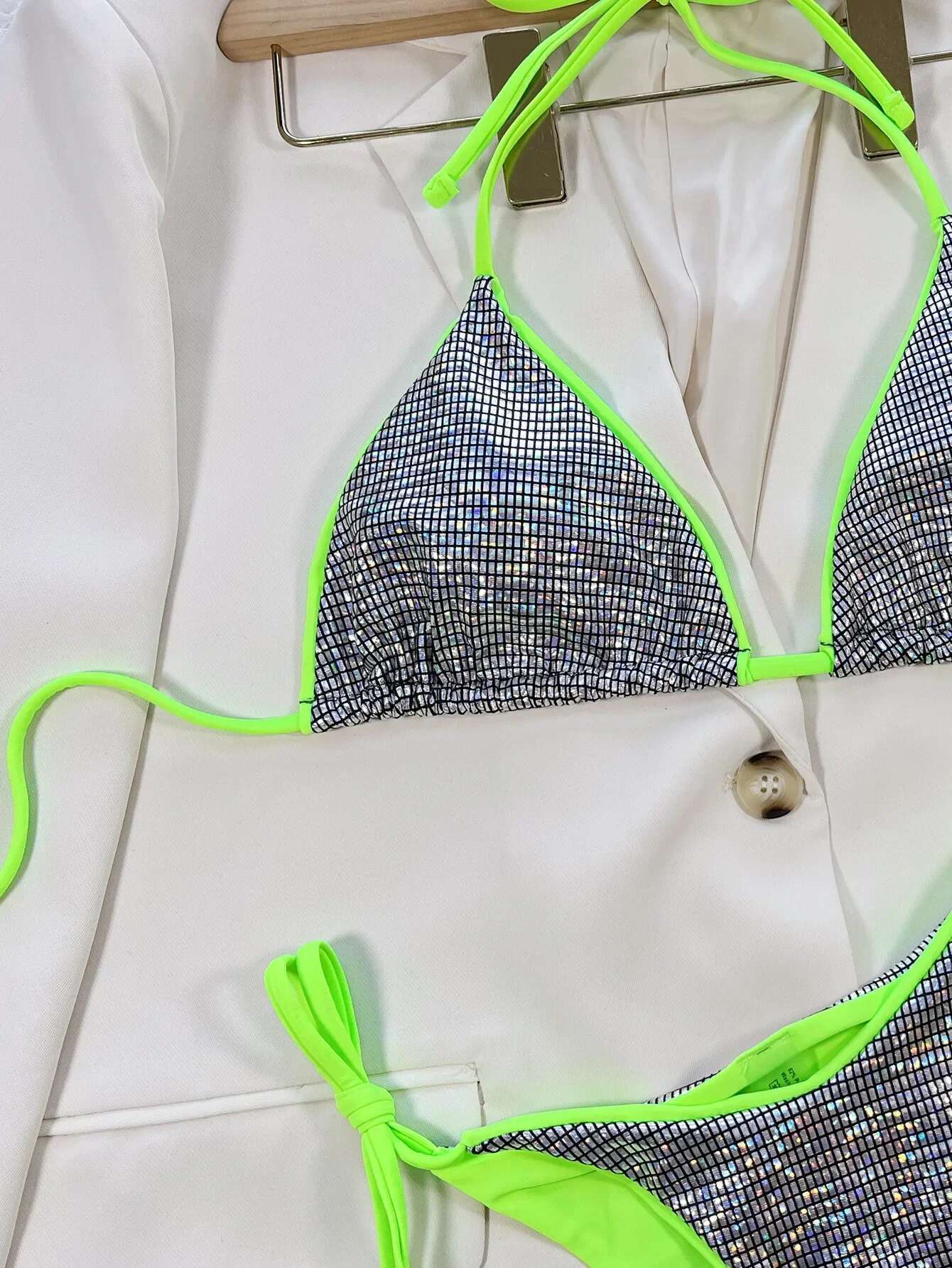 Dongdumaoyi Shiny Silver Bikini Swimsuit Women Neon Green Strap Push Up Mini Bikinis Brazilian Bathing Suit Thong Swimwear Beach Outfit