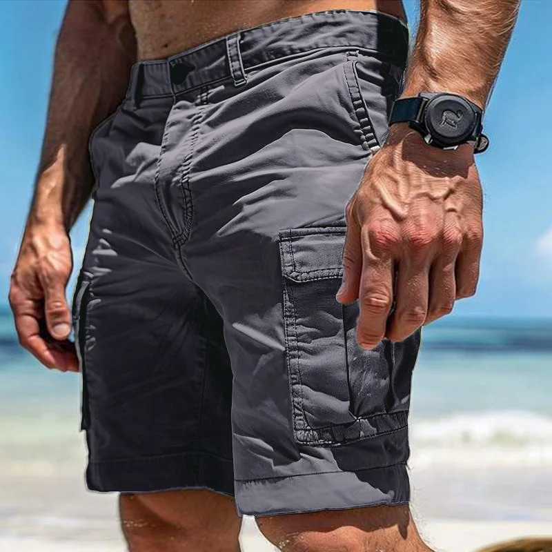 Mens casual loose cargo shorts summer trend multi pocket patch work mens fashionable solid color straight 250403