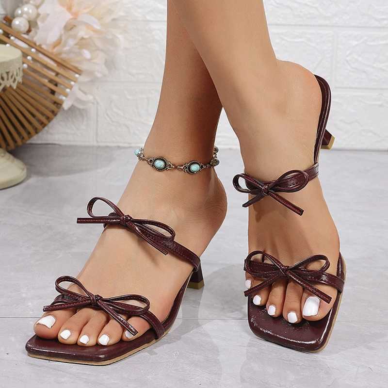 Wine red high-heeled sandals for women square toe bow decoration summer outdoor slippers womens thin high-heeled party shoesXJ250407