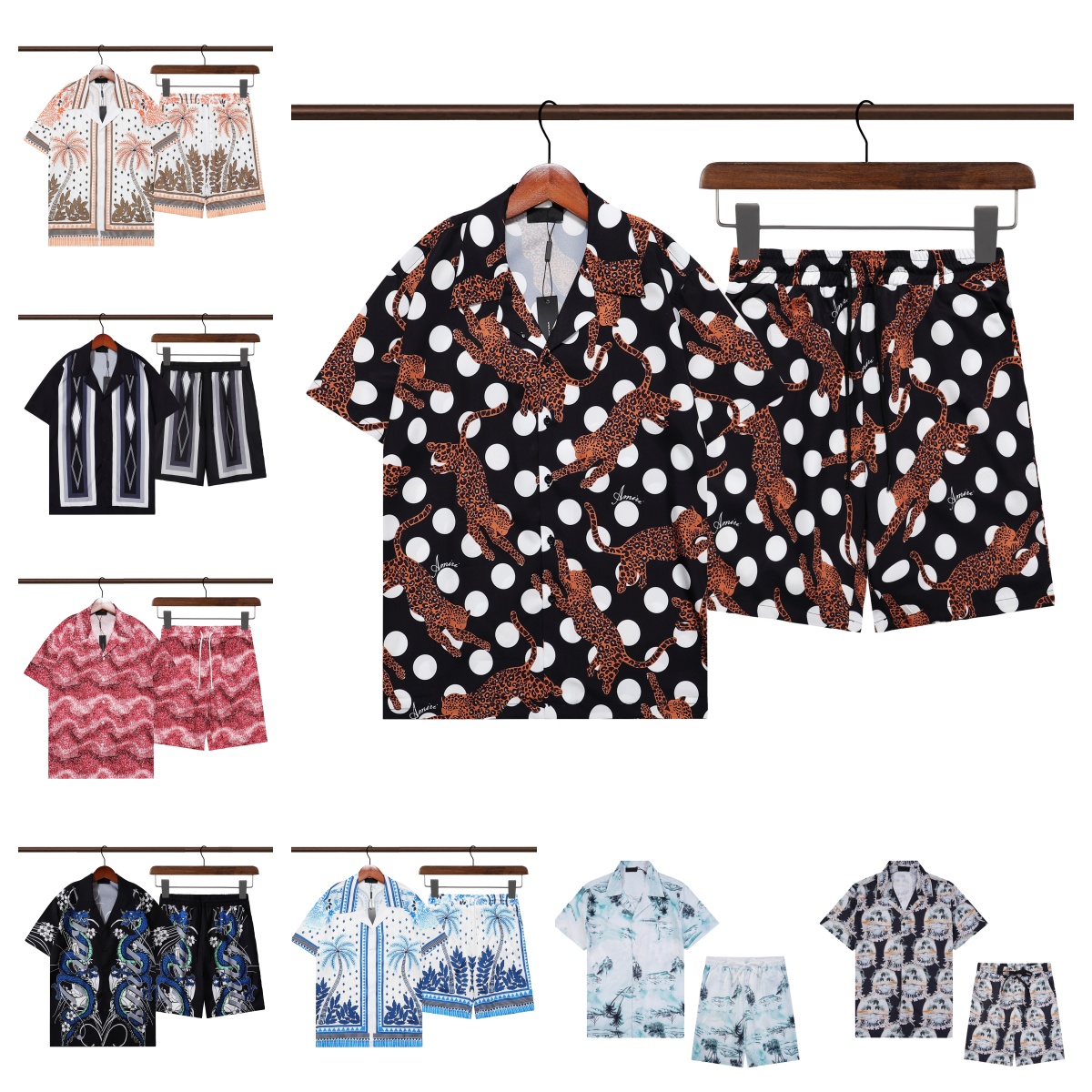 Designer set Summer casual print lapel shirt and short loose silk shirt for men and women in high quality beach travel size M-3XL