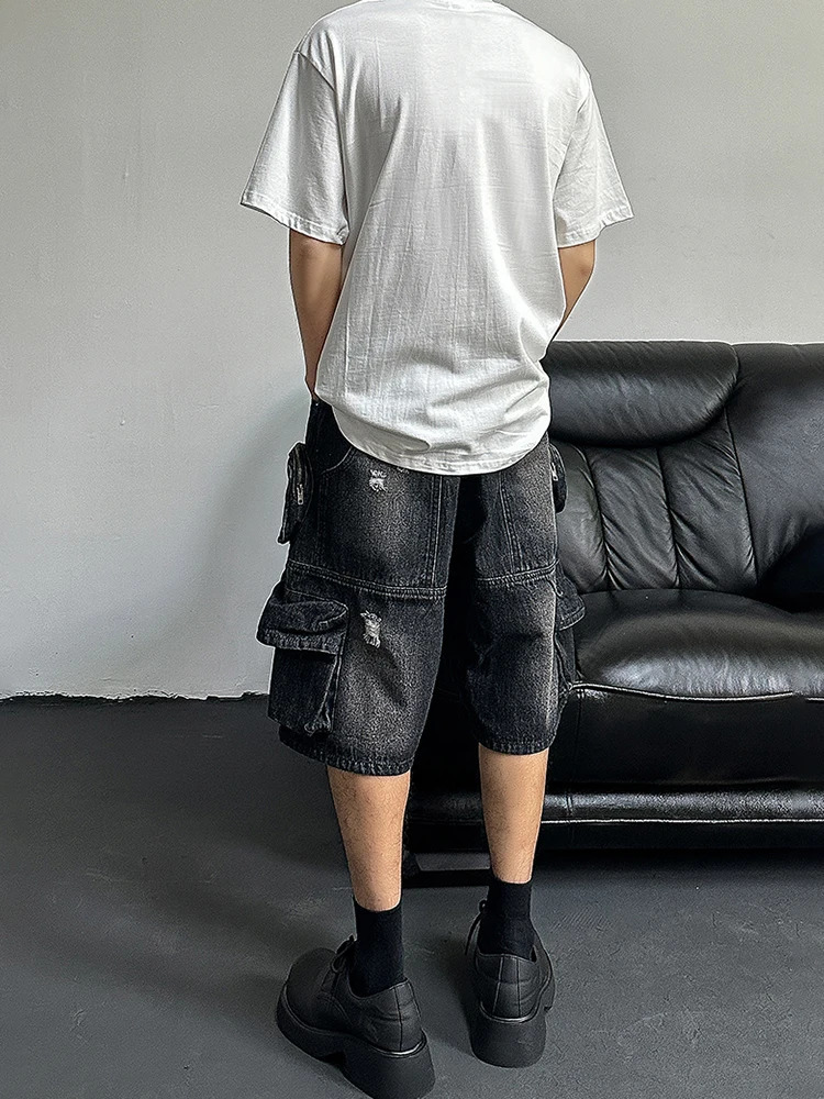 REDDACHIC Hip Hop Mens Cargo Pocket Denim Shorts Black Wash Damaged Wide Leg Jeans Jorts Retro Harajuku Street Clothing 250407