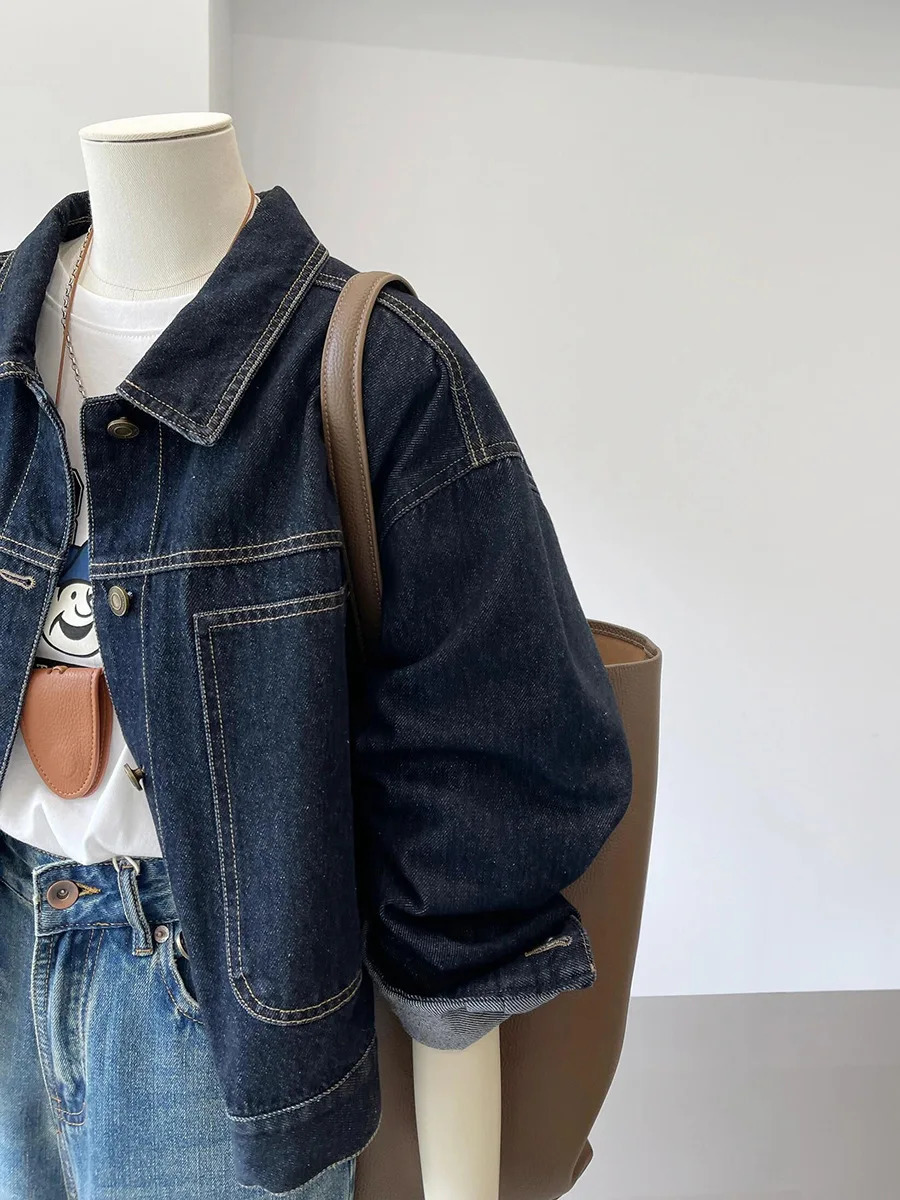 Navy Blue Short Denim Jacket for Womens Work Style SpringSummer Korean Casual Pocket n Feels Thin Shirt 250407