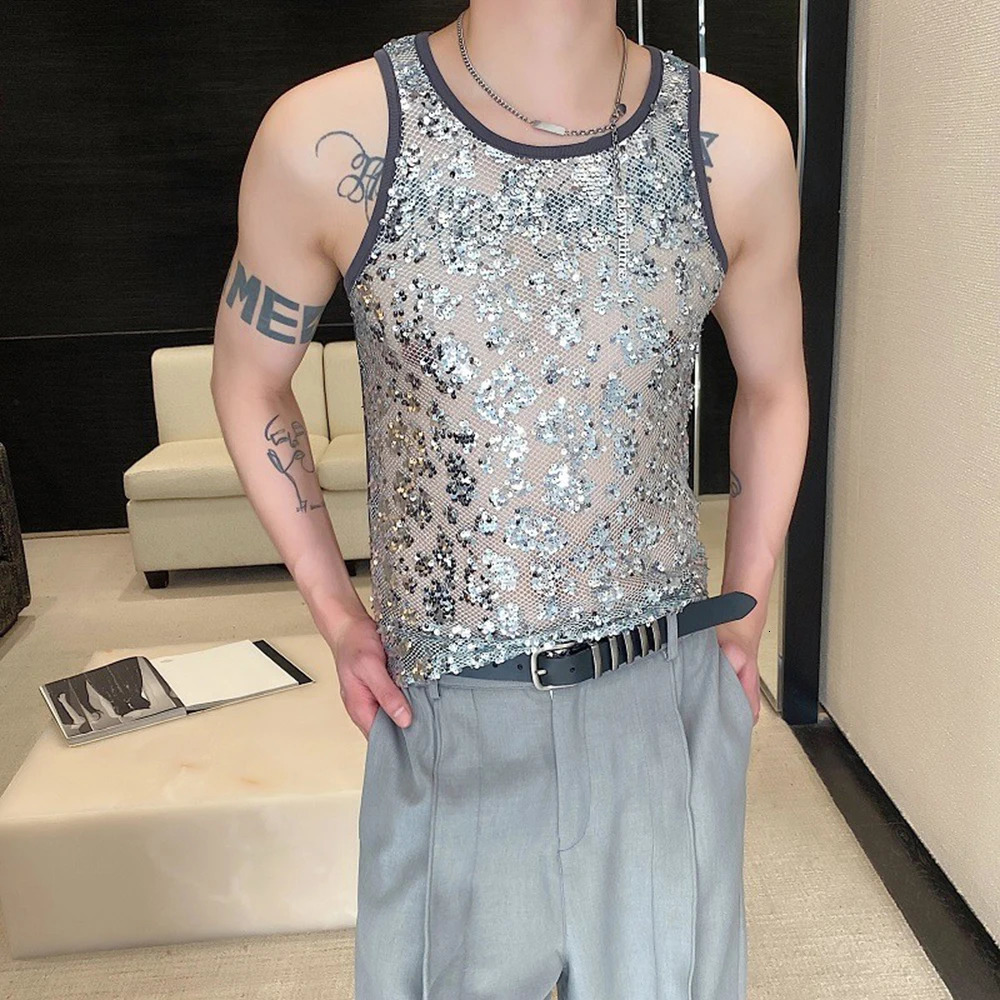 Mens tank top sequin performance casual vest spring street fashion youth campus stage vest old style mens clothing style 250402