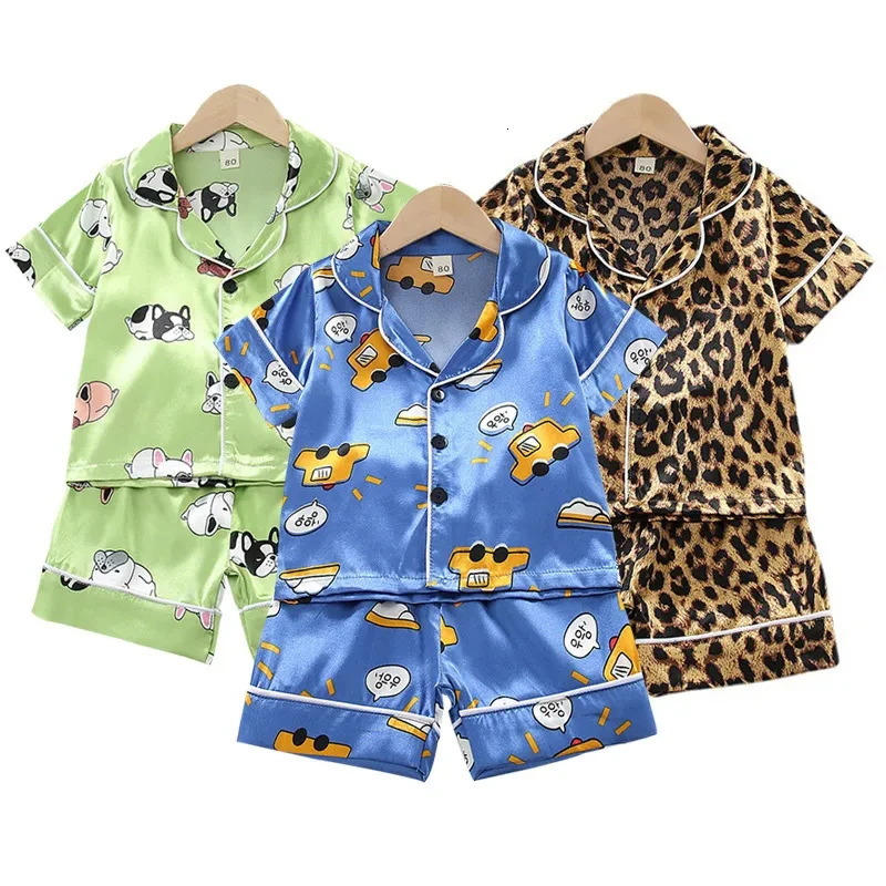 Kids Ice Silk Pajama Set Summer Baby Boys Girls Silk Satin Cardigan Short SleeveShorts 2Pcs Sets Children Casual Home Sleepwear 250407
