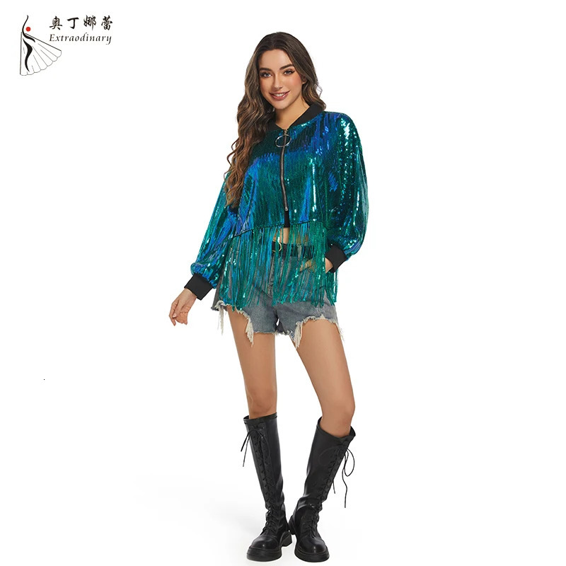 Womens sequin fringe jacket long sleeved front zipper casual glitter party fashion reversible hiphop 250407