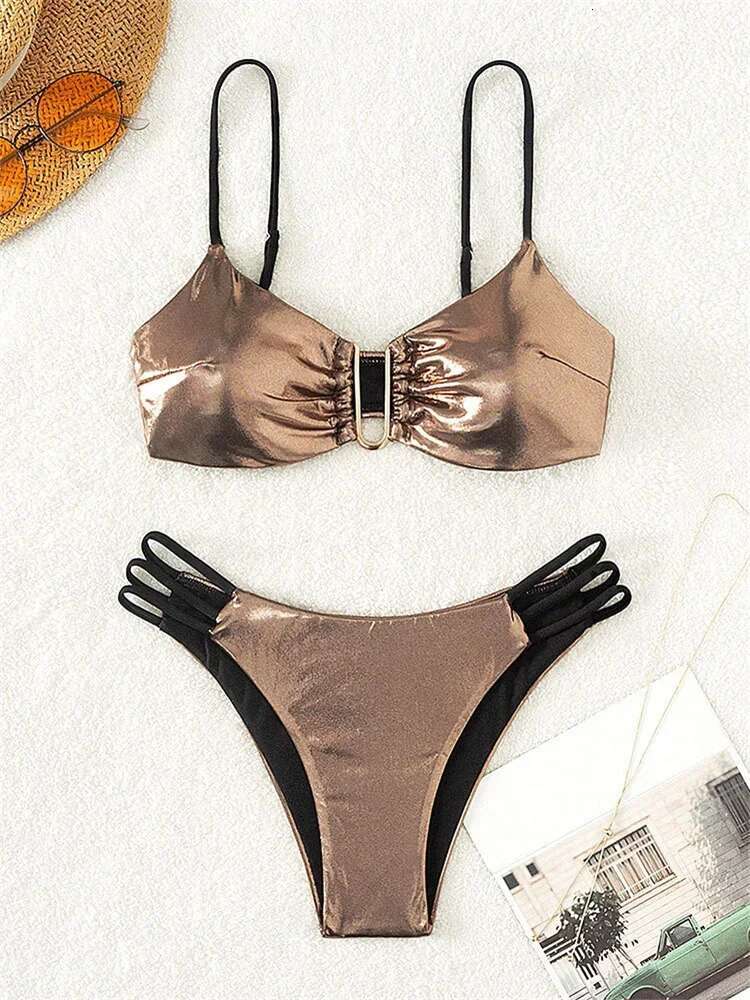 Dongdumaoyi Sexy U Wire Gold Swimsuit Women PU Leather Bikini Push Up Swimwear Beach Bathing Suit Cut Out Bandage Biquini