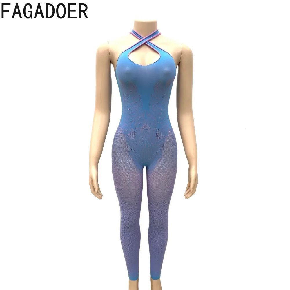 FAGADOER Sexy Thickened Lace Hollow Out Halter Bodycon Jumpsuits Women Sleeveless Backless Slim Playsuits Female Overalls 250407