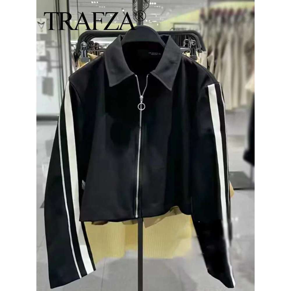 TRAFZA 2024 New Women Casual Trousers Suits Sports Short Jacket + Female Vinatge Black White Patchwork Baggy Pants Street