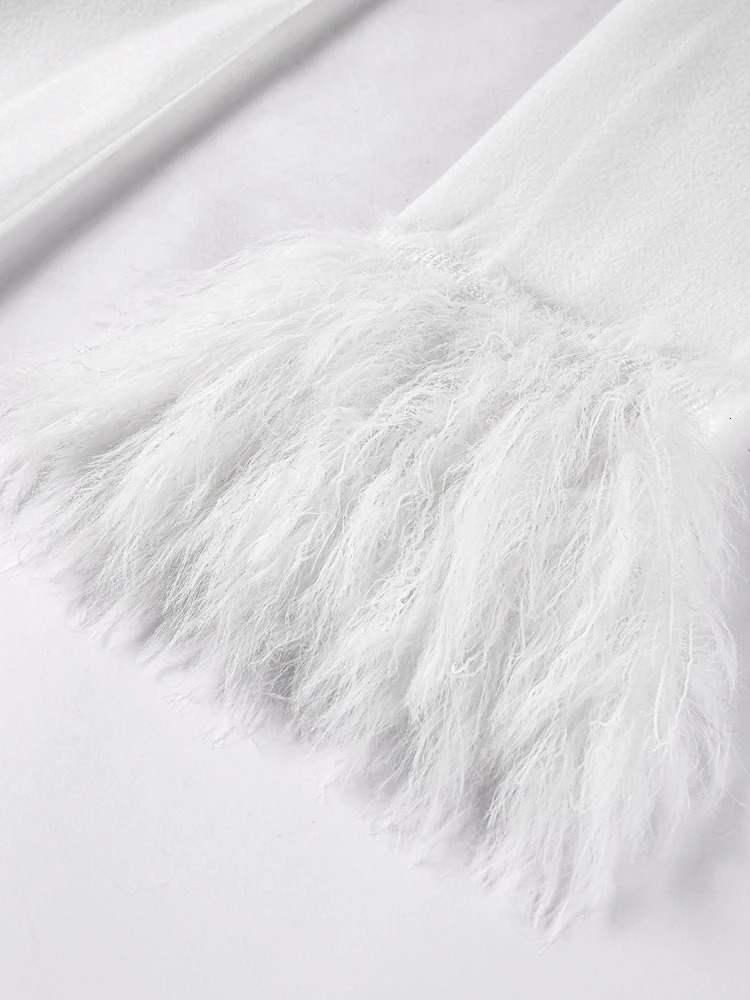 Feather cuff dress womens white O-neck long sleeved mini ultra-thin womens dress winter fashion cocktail A-line womens robe 250402