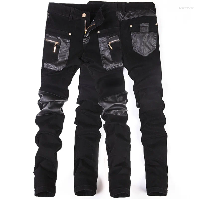 Zipper Splicing Leather Pants Long Pencil Slim Spring Hole Fashion Thin Skinny Men Hiphop Trousers