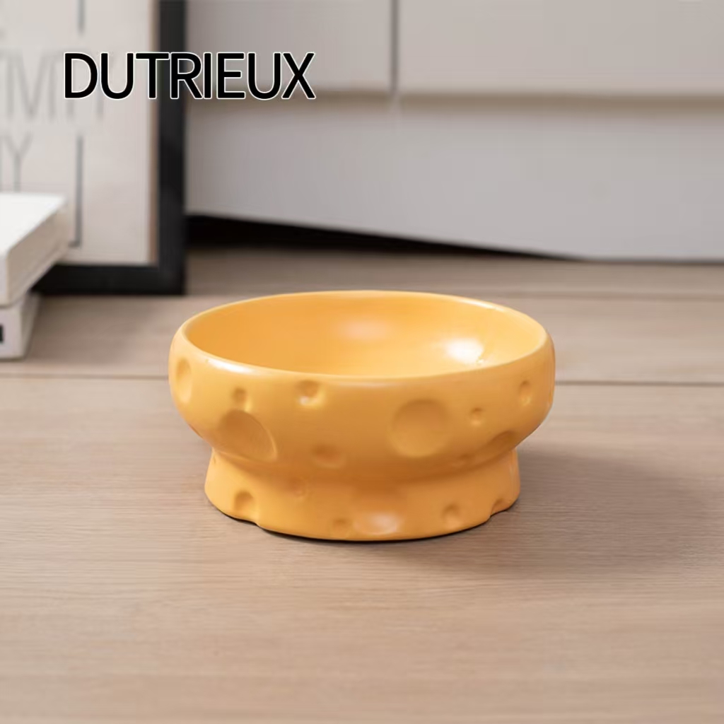 H1354 Ceramic pet bowl with neck support and tipping prevention, large diameter flat mouth cat and dog food and water bowl