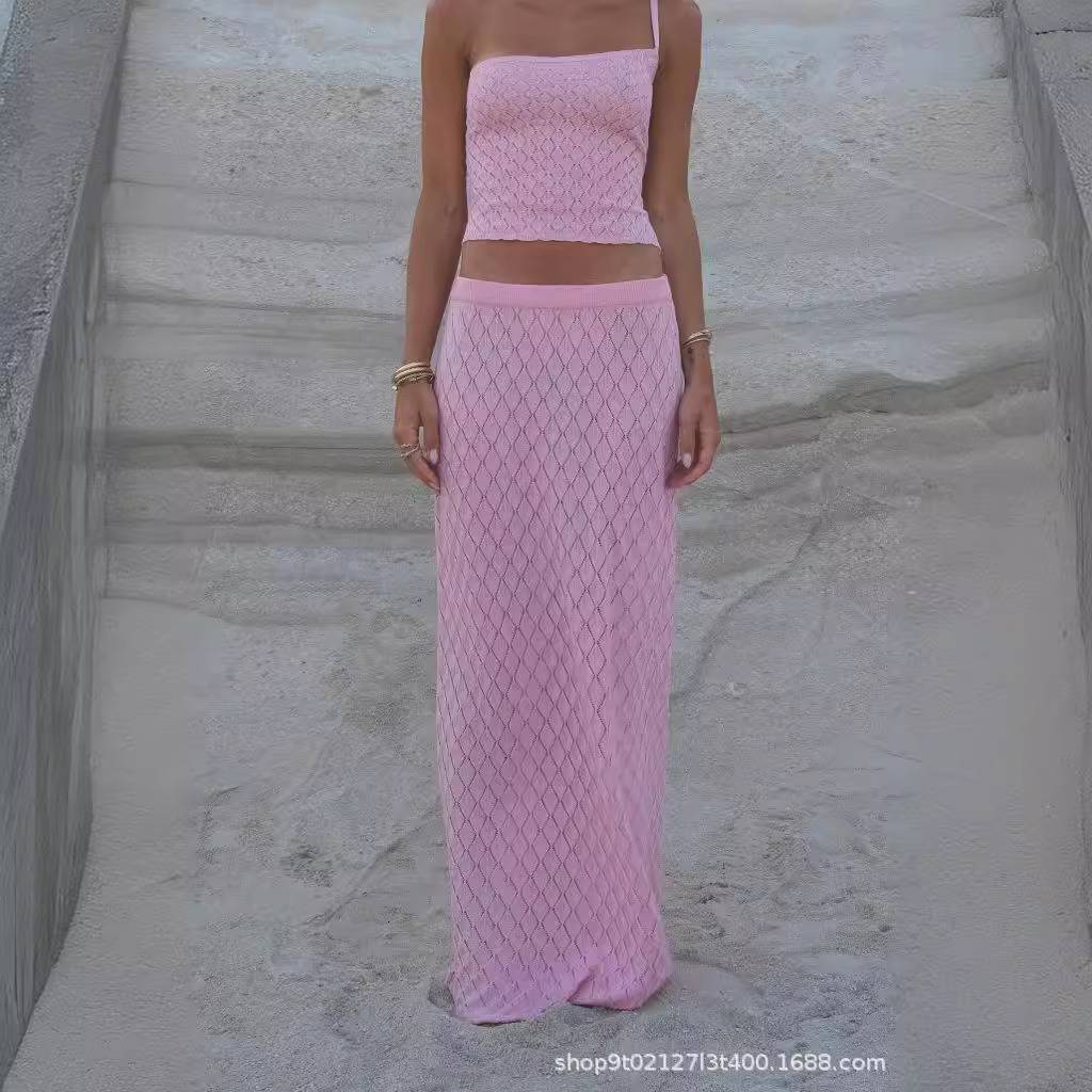 Womens 2023 Knitted Beach Short Open Belly and Back Strap Top+Long Skirt Two Piece Set 047