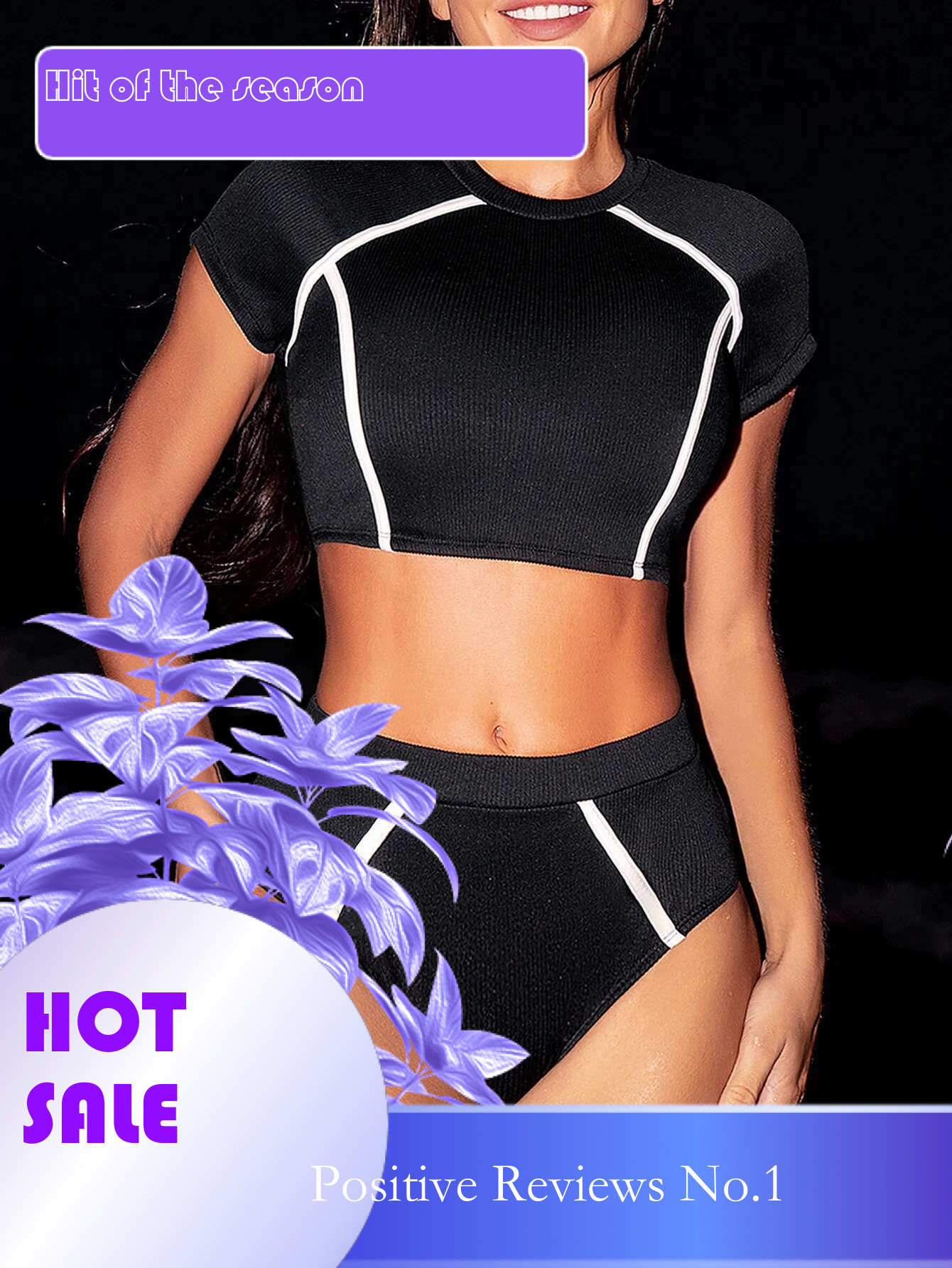 Dongdumaoyi Push Up Bikinis Women Swimsuit Black Short Sleeve Crop Top With High Waist Pants Swimwear Bathing Suit Two Piece Bikini Set