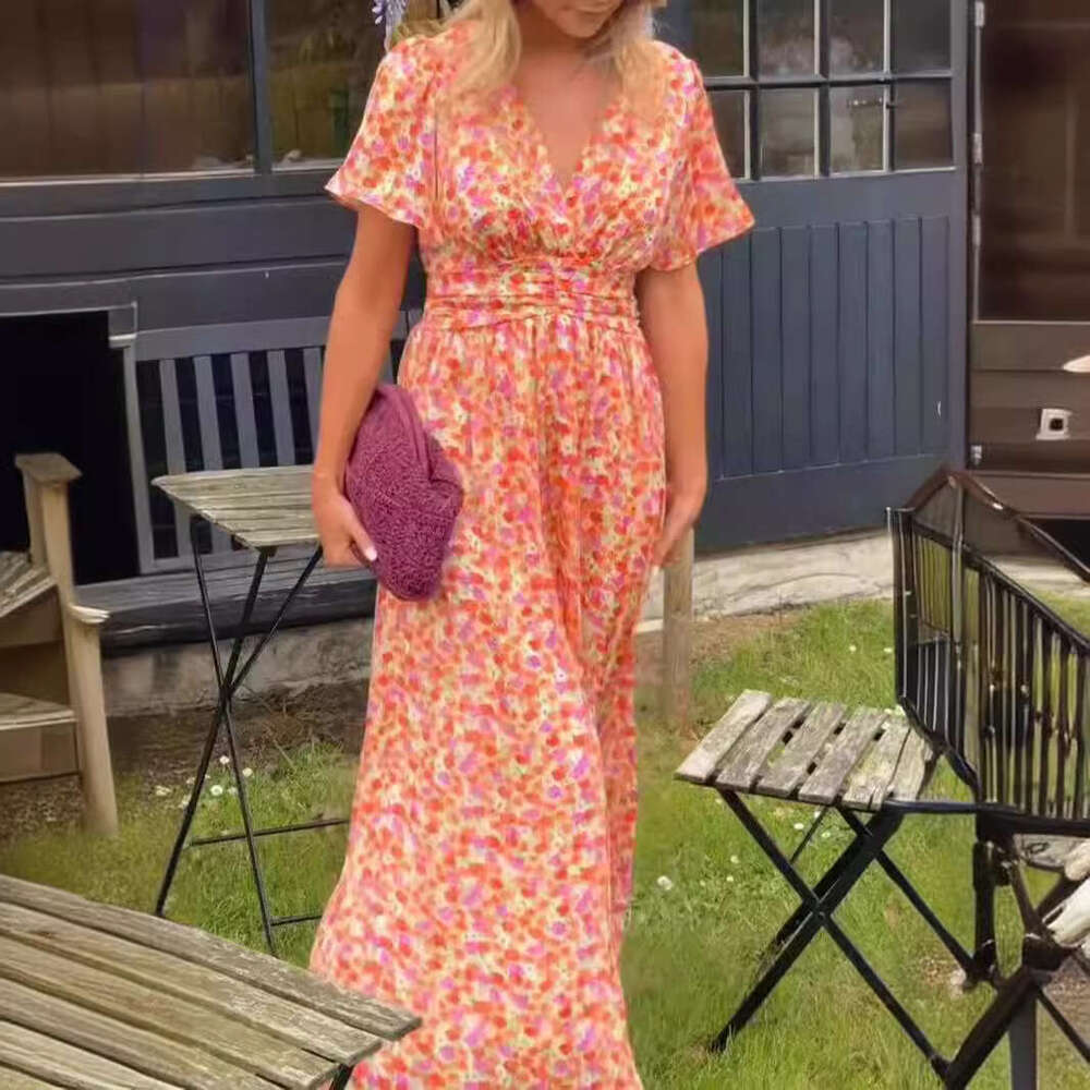A large number of European and American Shein2025 women's temperament printed waist cinched V-neck dress 2025 new casual fashion trend clothing